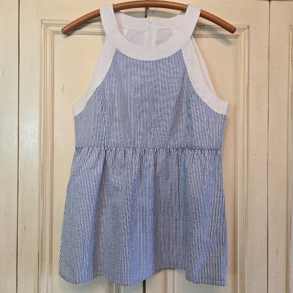 Lauren James Blue White Stripe Seersucker Sleeveless Top Small NEW